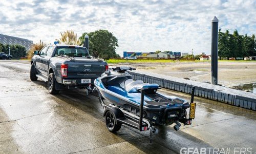 GFAB Alloy Single Black Jet Ski Trailer - rear view with Sea Doo GTX