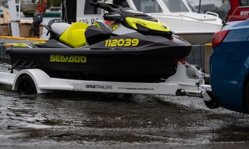 GFAB Alloy White Single Jet Ski Trailer - side view with Sea Doo GTR