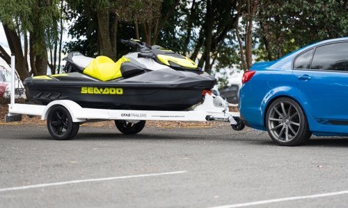 GFAB Alloy White Single Jet Ski Trailer - side view with Sea Doo GTR