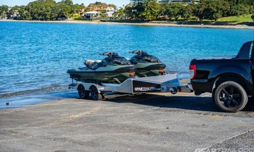 GFAB Alloy Double Sportski Trailer with Sea Doo GTX Jet Skis at Takapuna Boat Ramp